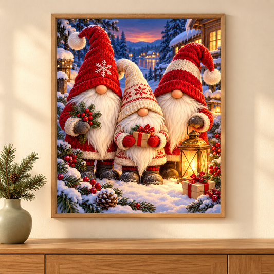 Diamond Painting Wichtel im Schnee gerahmt als Wandbild im weihnachtlichen Wohnzimmer