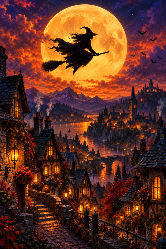 Hexe fliegt über das Dorf Diamond Painting