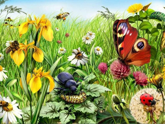 Garten mit Insekten - Farbe mit Diamanten - Diamond Painting