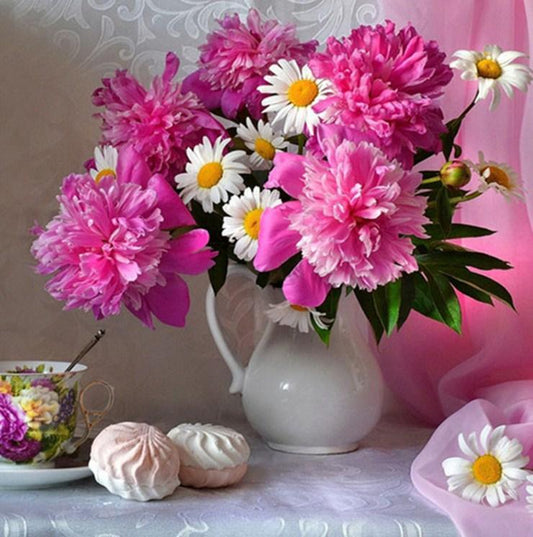 Wunderschöne rosa Pfingstrosen & Gänseblümchen - Diamond Painting