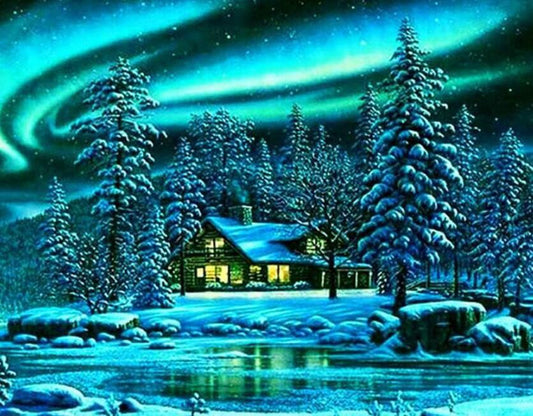 Blockhaus im Schnee - Diamond Painting