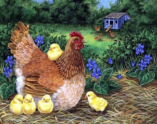 Mutter Henne mit kleinen Küken - Diamond Painting