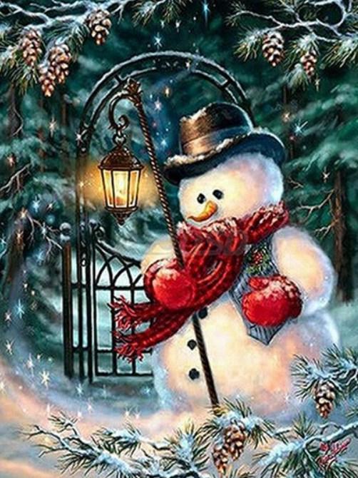 Trauriger Schneemann mit Laterne - Diamond Painting