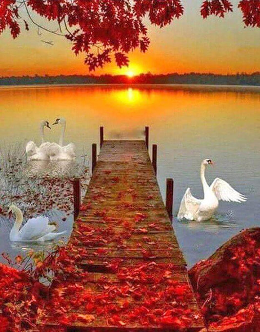 Sonnenuntergang & Schwäne Diamond Painting Kit - Diamond Painting
