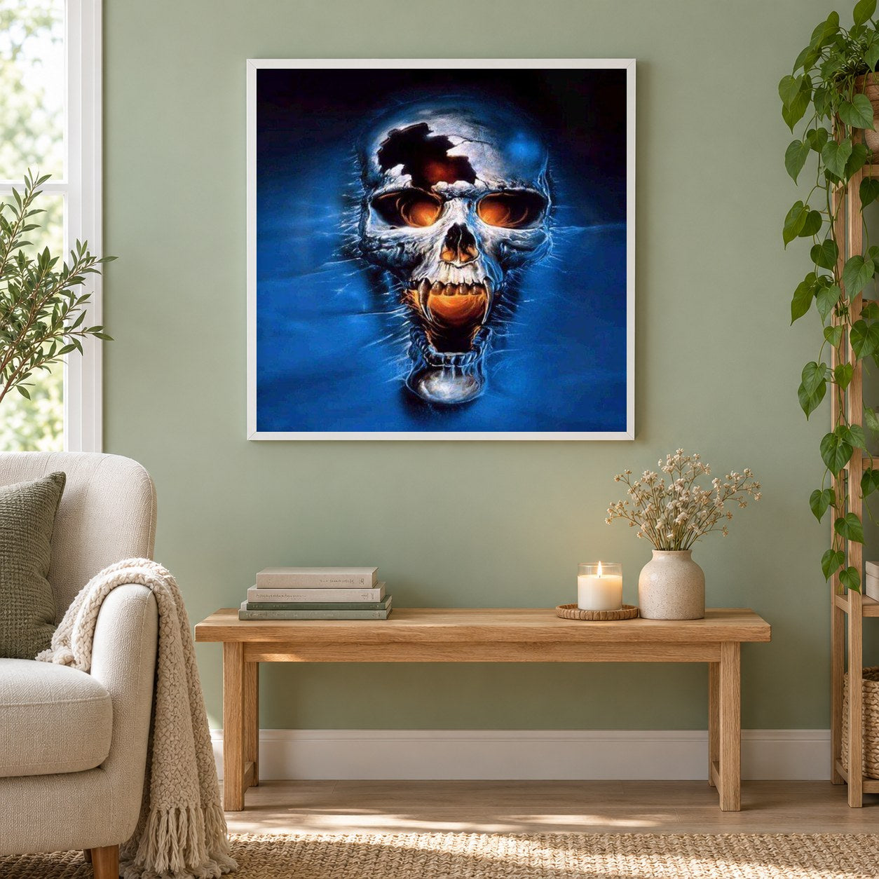 Abstrakte Schädelkunst als gerahmtes Diamond Painting im Wohnzimmer