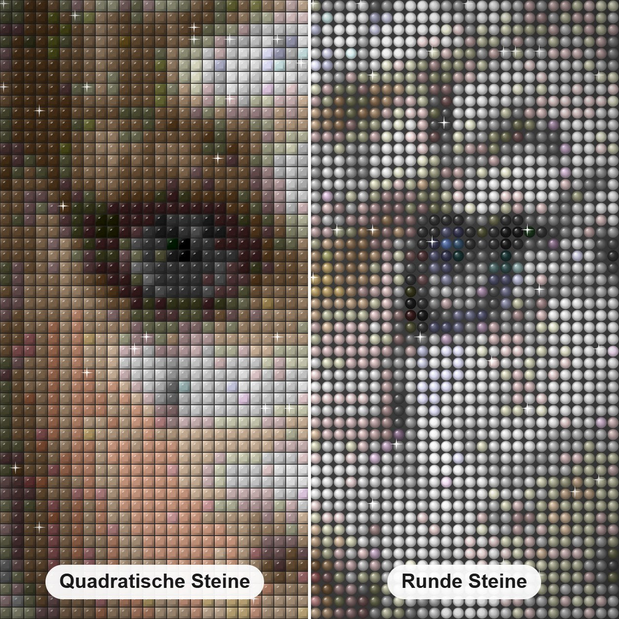 Abstraktes Mädchen Gesicht Diamond Painting Nahaufnahme mit quadratischen und runden Steinen