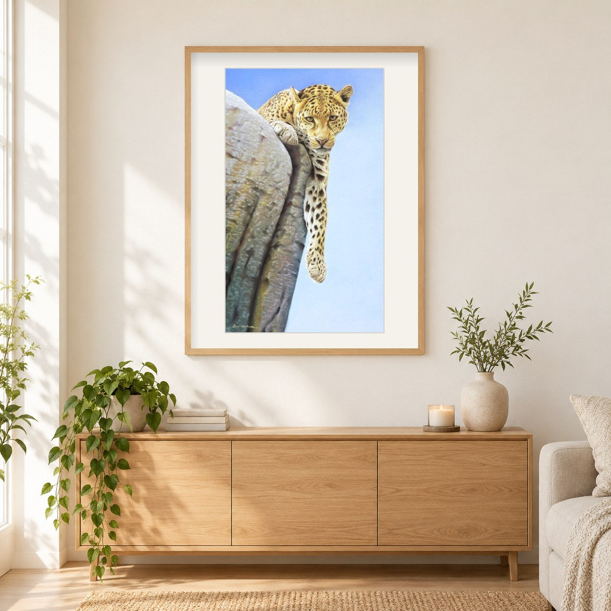 Afrikanischer Leopard -  Kunst des Eric Wilson als gerahmtes Diamond Painting im Wohnzimmer