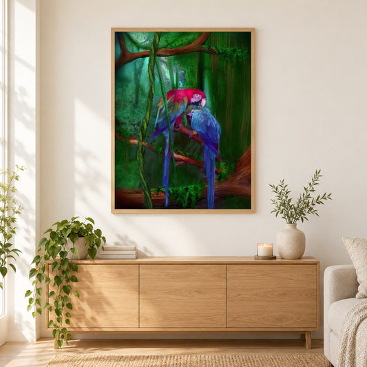 Afrikanische Papageien im dichten Wald als gerahmtes Diamond Painting im Wohnzimmer