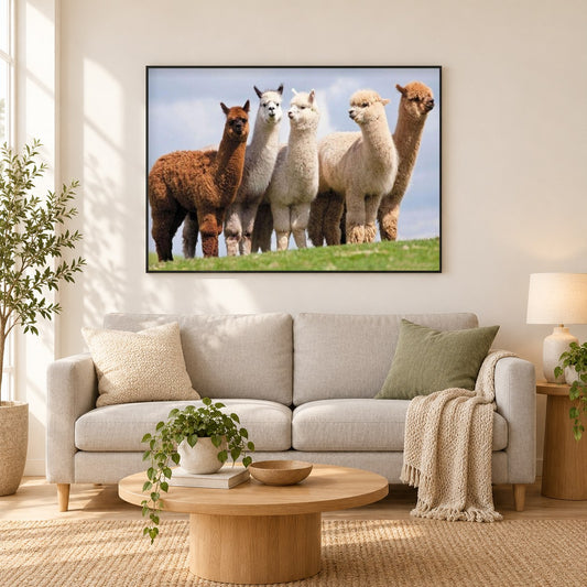 Alpakas & Lamas als gerahmtes Diamond Painting im Wohnzimmer