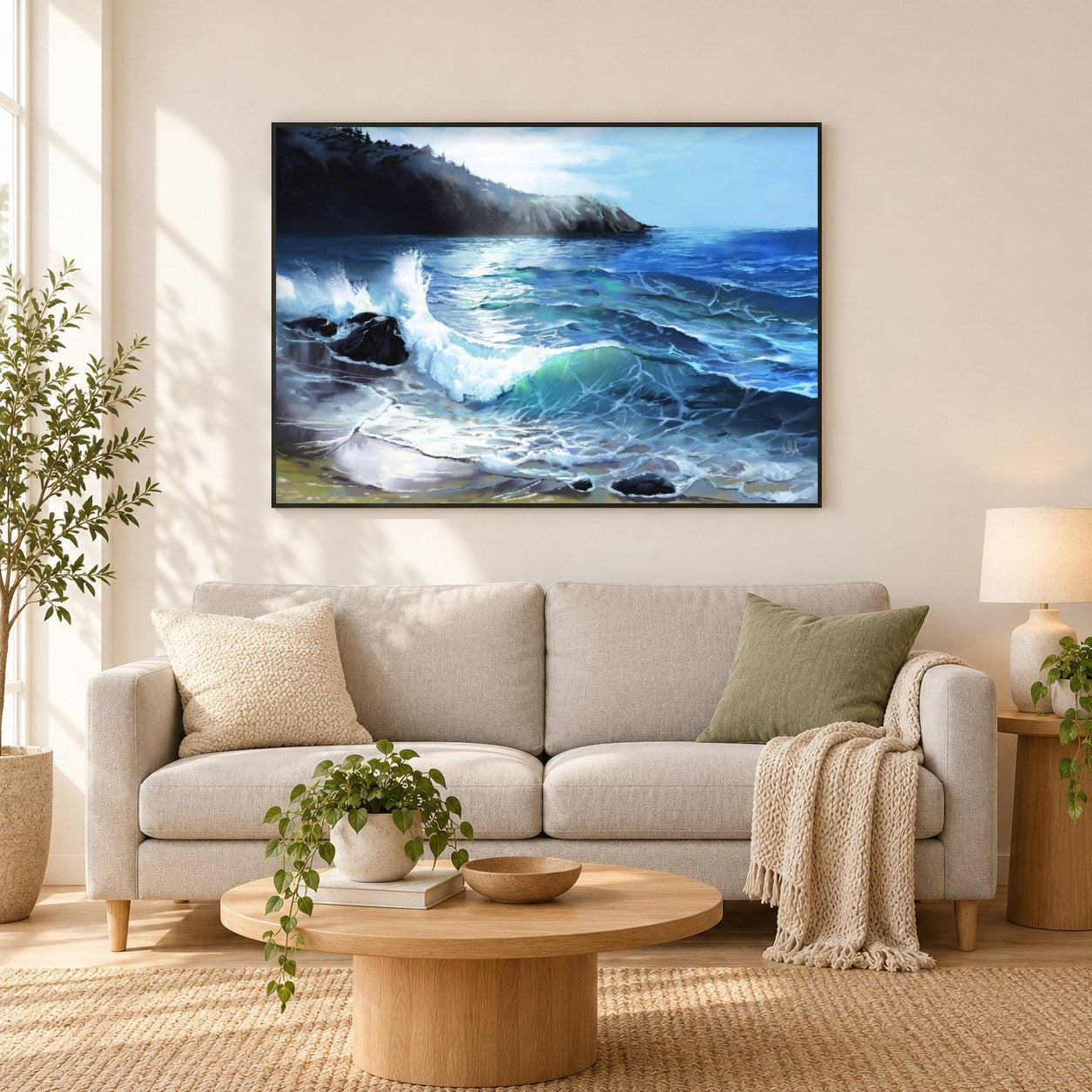 Ankerbucht - Kunst des Jean Guillet als gerahmtes Diamond Painting im Wohnzimmer
