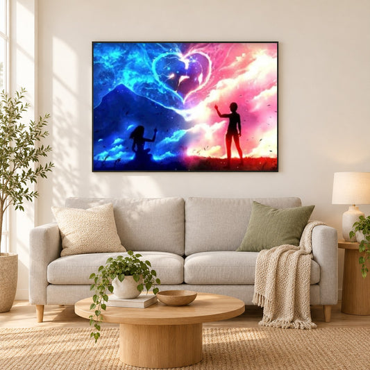 Anime Paar - Eis & Feuer Liebesherz als gerahmtes Diamond Painting im Wohnzimmer