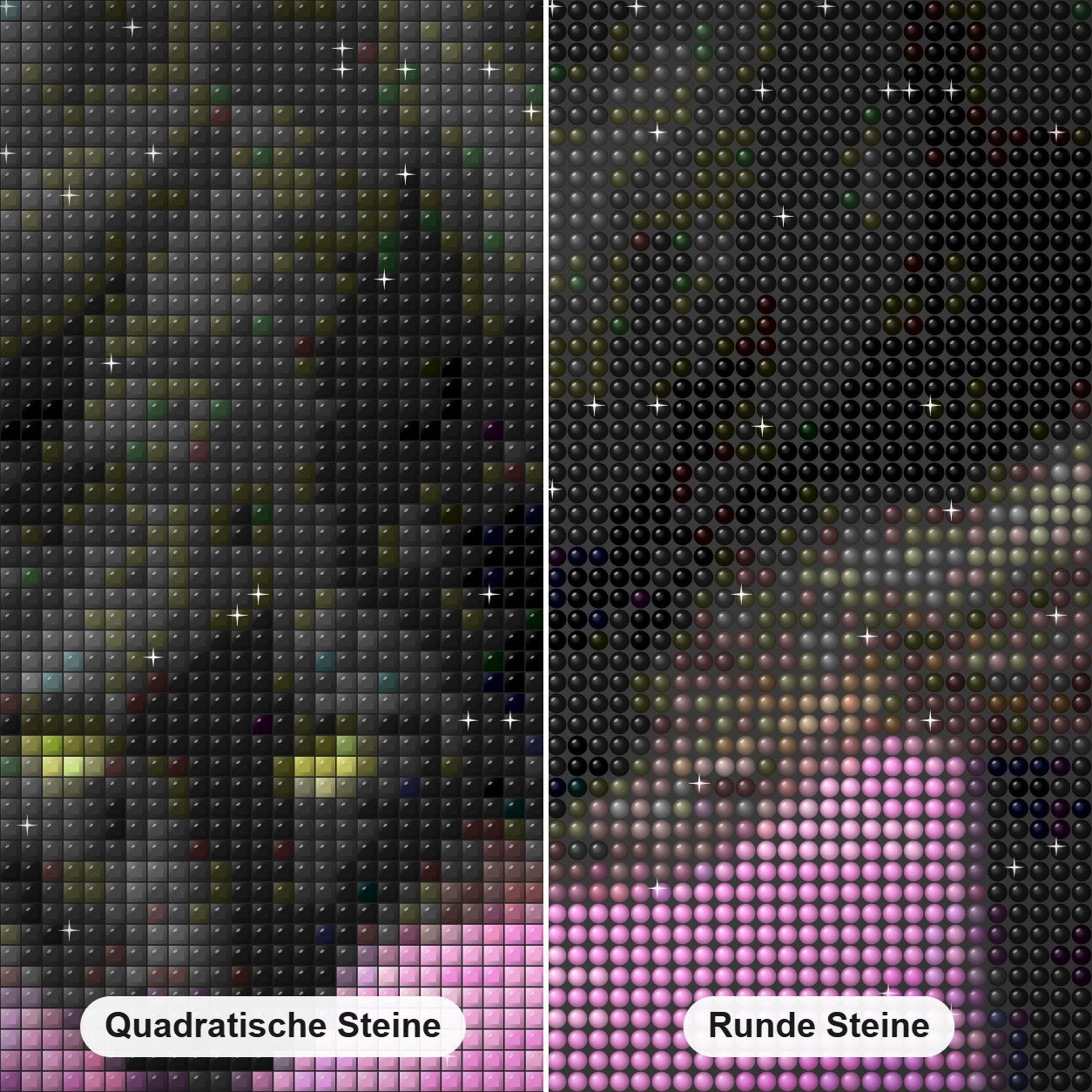 Ansicht des schwarzen Panther Diamond Painting Nahaufnahme mit quadratischen und runden Steinen