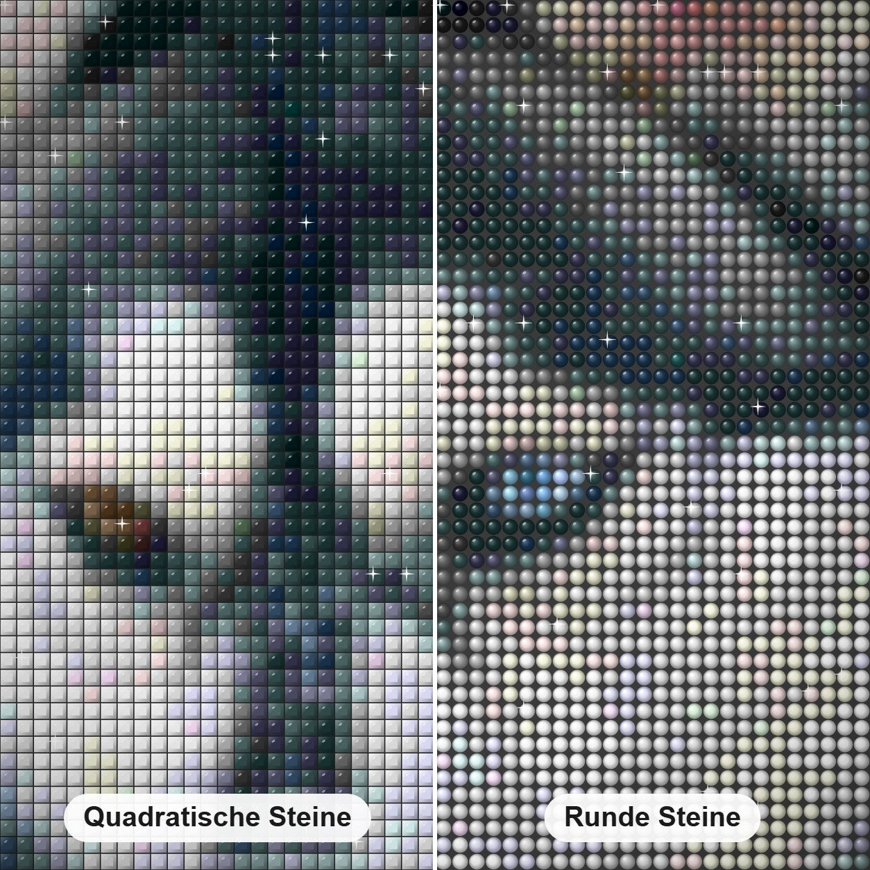 Atemberaubender Husky mit verschiedenen farbigen Augen Diamond Painting Nahaufnahme mit quadratischen und runden Steinen