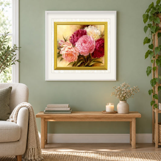 Aufwändige Blumen als gerahmtes Diamond Painting im Wohnzimmer