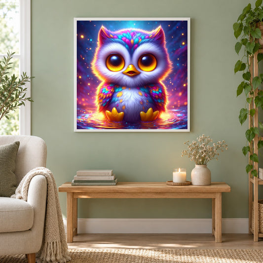 Baby-Eule in farbenfrohem Glanz eingebettet als gerahmtes Diamond Painting im Wohnzimmer