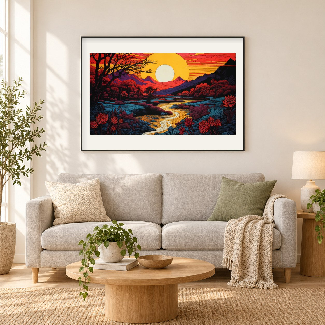 Wunderschöner Sonnenuntergang am Flussufer als gerahmtes Diamond Painting im Wohnzimmer