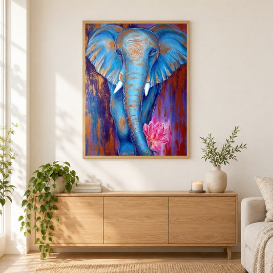 Blauer Elefant als gerahmtes Diamond Painting im Wohnzimmer