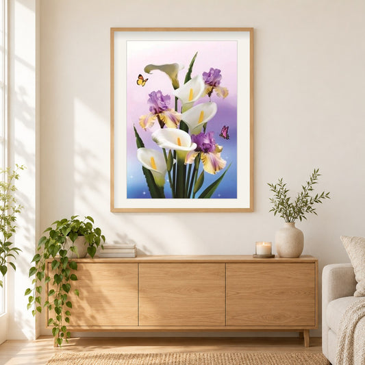 Blühende Lilly Blumen & Schmetterlinge als gerahmtes Diamond Painting im Wohnzimmer