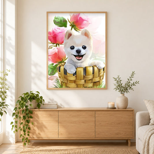 Boo im Korb als gerahmtes Diamond Painting im Wohnzimmer