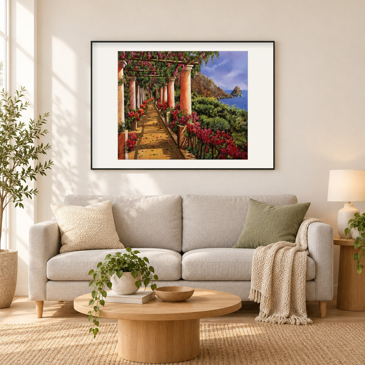 Bouganville über dem Meer - Kunst des Guido Borelli als gerahmtes Diamond Painting im Wohnzimmer
