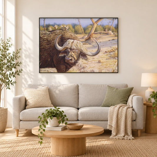 Büffel mit Ochsenspecht - Kunst des Eric Wilson als gerahmtes Diamond Painting im Wohnzimmer