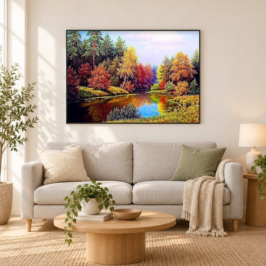 Bunte Bäume am See als gerahmtes Diamond Painting im Wohnzimmer