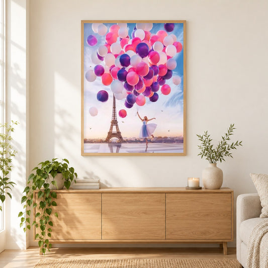 Bunte Luftballons & Eiffelturm als gerahmtes Diamond Painting im Wohnzimmer