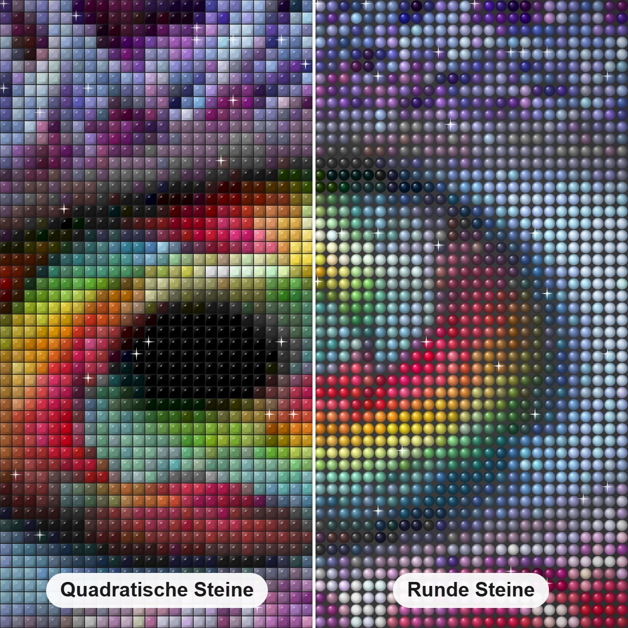 Buntes Auge Diamond Painting Nahaufnahme mit quadratischen und runden Steinen