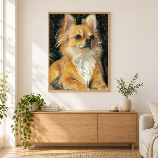 Chihuahua als gerahmtes Diamond Painting im Wohnzimmer