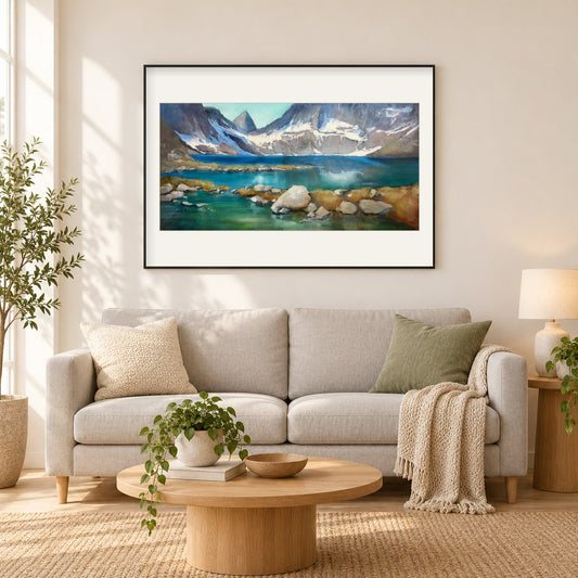 Kobaltsee - Kunst des Linda Wilder als gerahmtes Diamond Painting im Wohnzimmer