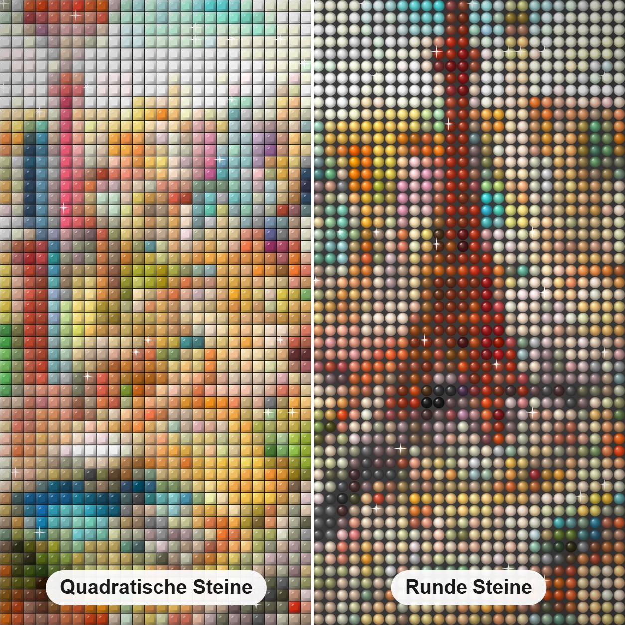 Bunte Tintenillustration Diamond Painting Nahaufnahme mit quadratischen und runden Steinen