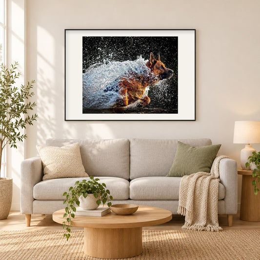 Deutscher Schäferhund läuf im Wasser als gerahmtes Diamond Painting im Wohnzimmer