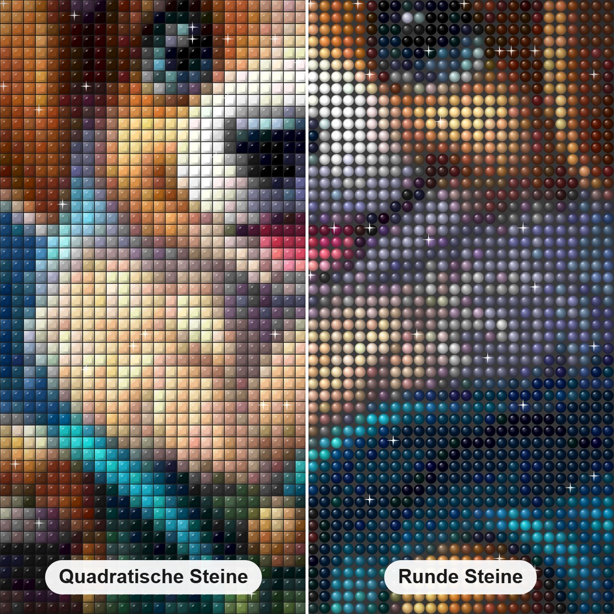 Mitternachtsspaziergang mit Hunden Diamond Painting Nahaufnahme mit quadratischen und runden Steinen