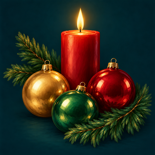 Diamond Painting Rote Weihnachtskerze mit goldenen, roten und grünen Christbaumkugeln und Tannenzweigen