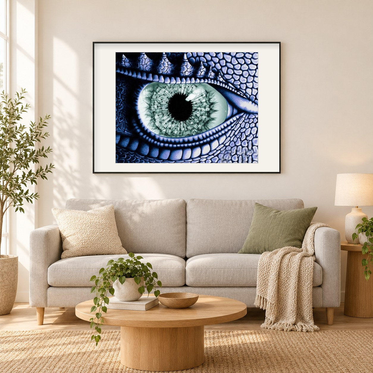 Drachenauge als gerahmtes Diamond Painting im Wohnzimmer