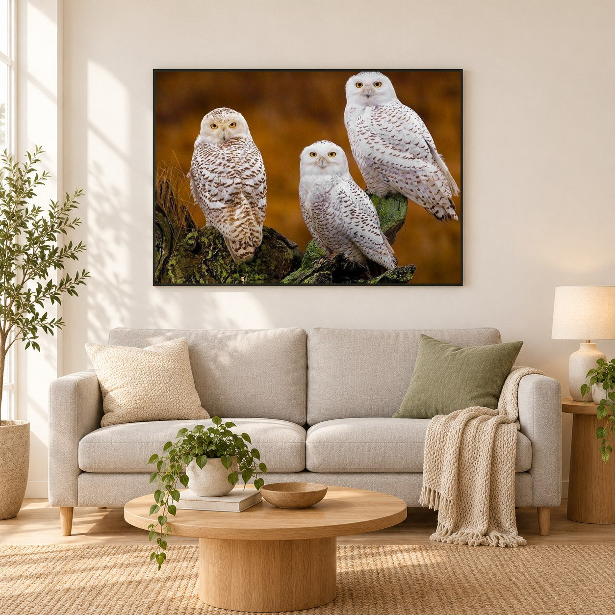 Drei atemberaubende weiße Eulen als gerahmtes Diamond Painting im Wohnzimmer