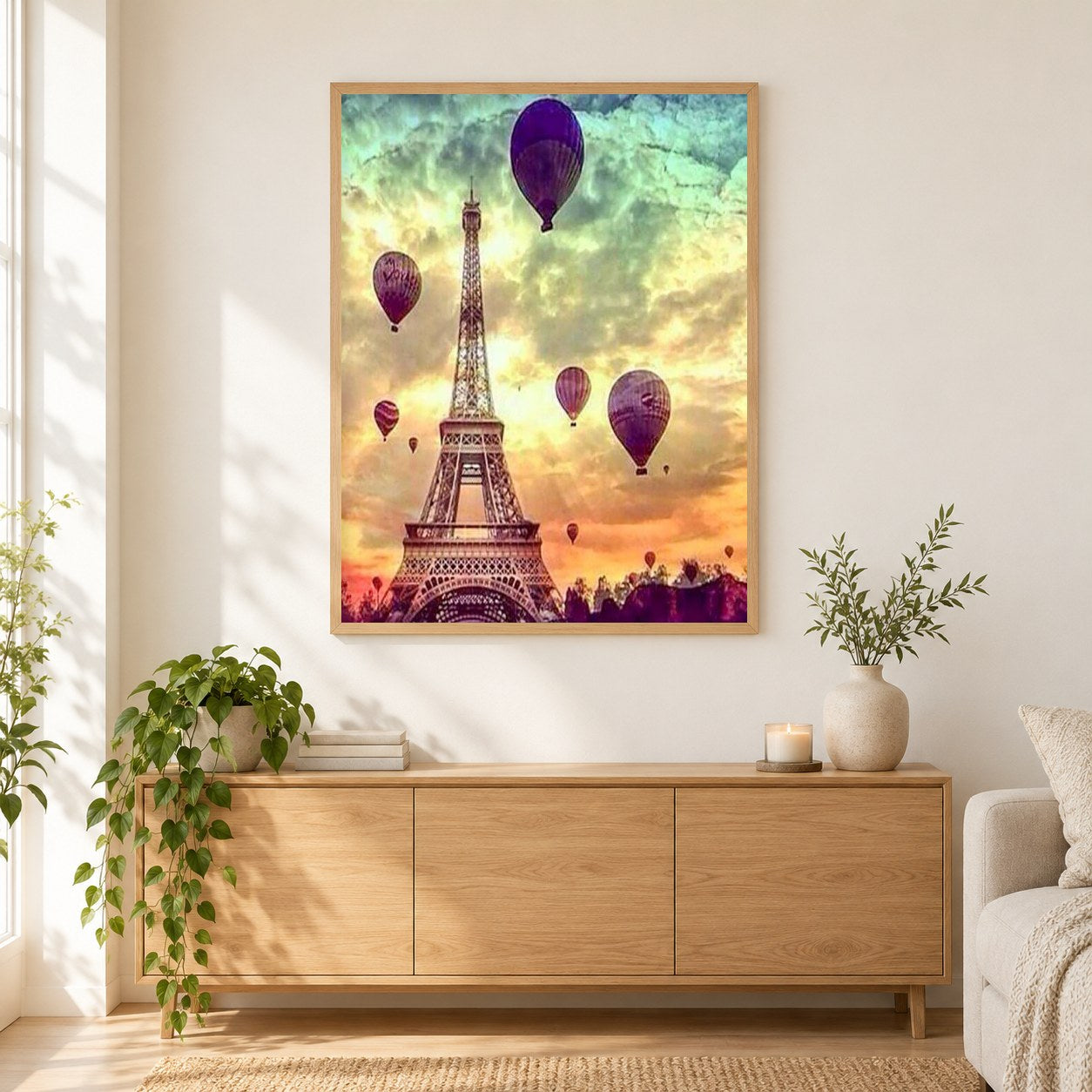Eiffelturm & Heißluftballons als gerahmtes Diamond Painting im Wohnzimmer
