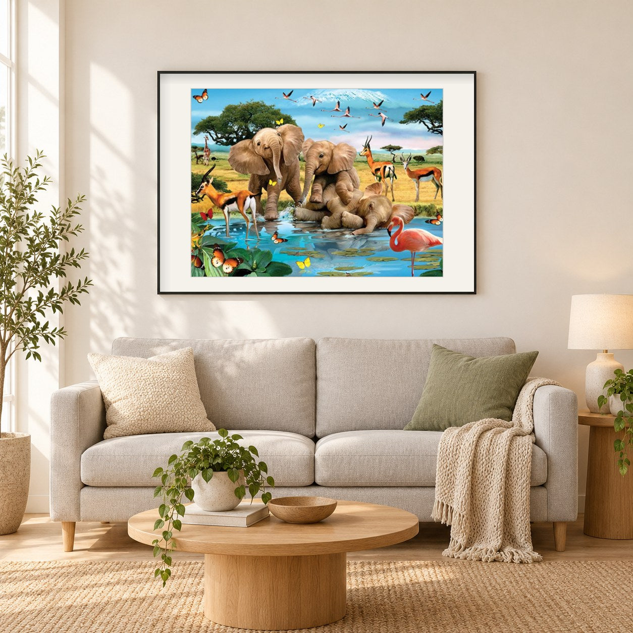 Elefantenbabys spielen am Wasserteich als gerahmtes Diamond Painting im Wohnzimmer