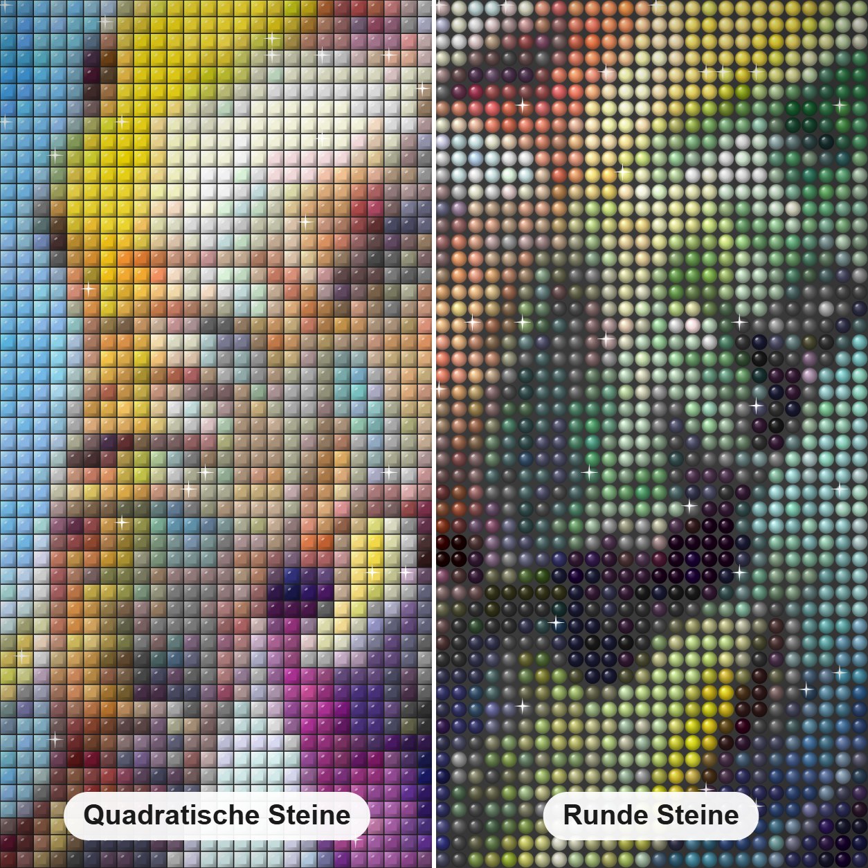 Elefantenkunst Diamond Painting Nahaufnahme mit quadratischen und runden Steinen