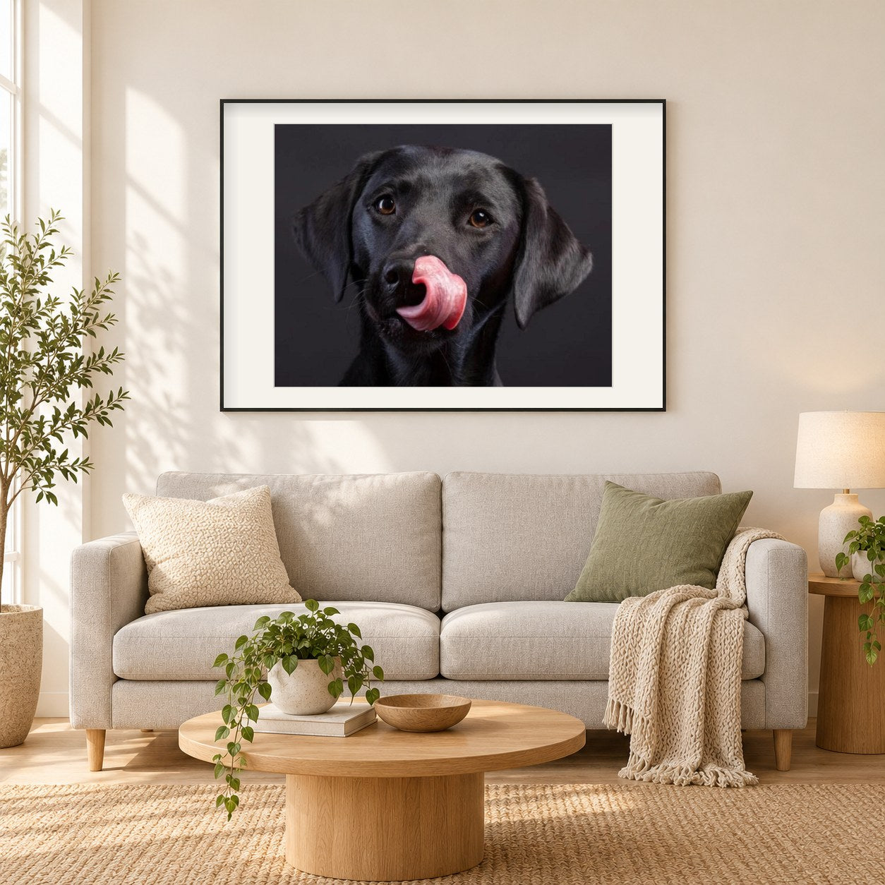 Erstaunlicher schwarzer Labrador Retriever als gerahmtes Diamond Painting im Wohnzimmer