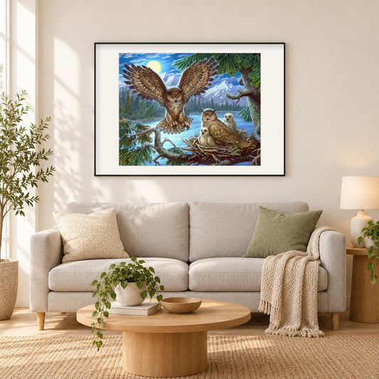 Eule flieg zurück zum Nest als gerahmtes Diamond Painting im Wohnzimmer