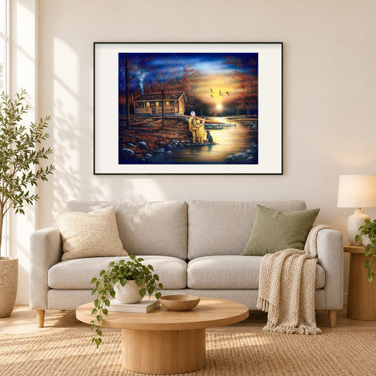 Abendliche Reflexionen  -Kunst des Robert Andrea als gerahmtes Diamond Painting im Wohnzimmer