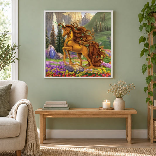 Fantasie-Einhorn im Blumengarten als gerahmtes Diamond Painting im Wohnzimmer