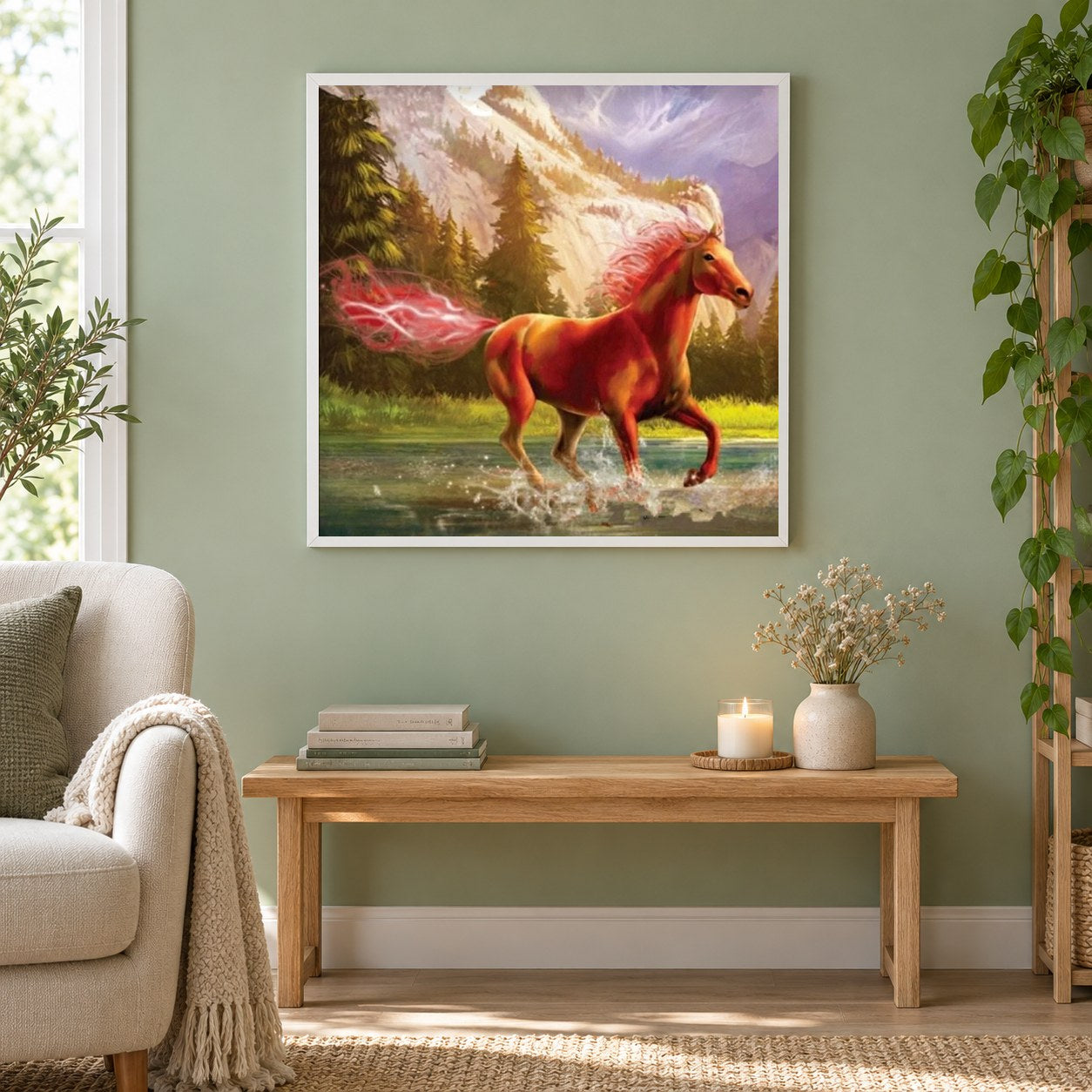 Fantasiepferd im Wasser als gerahmtes Diamond Painting im Wohnzimmer