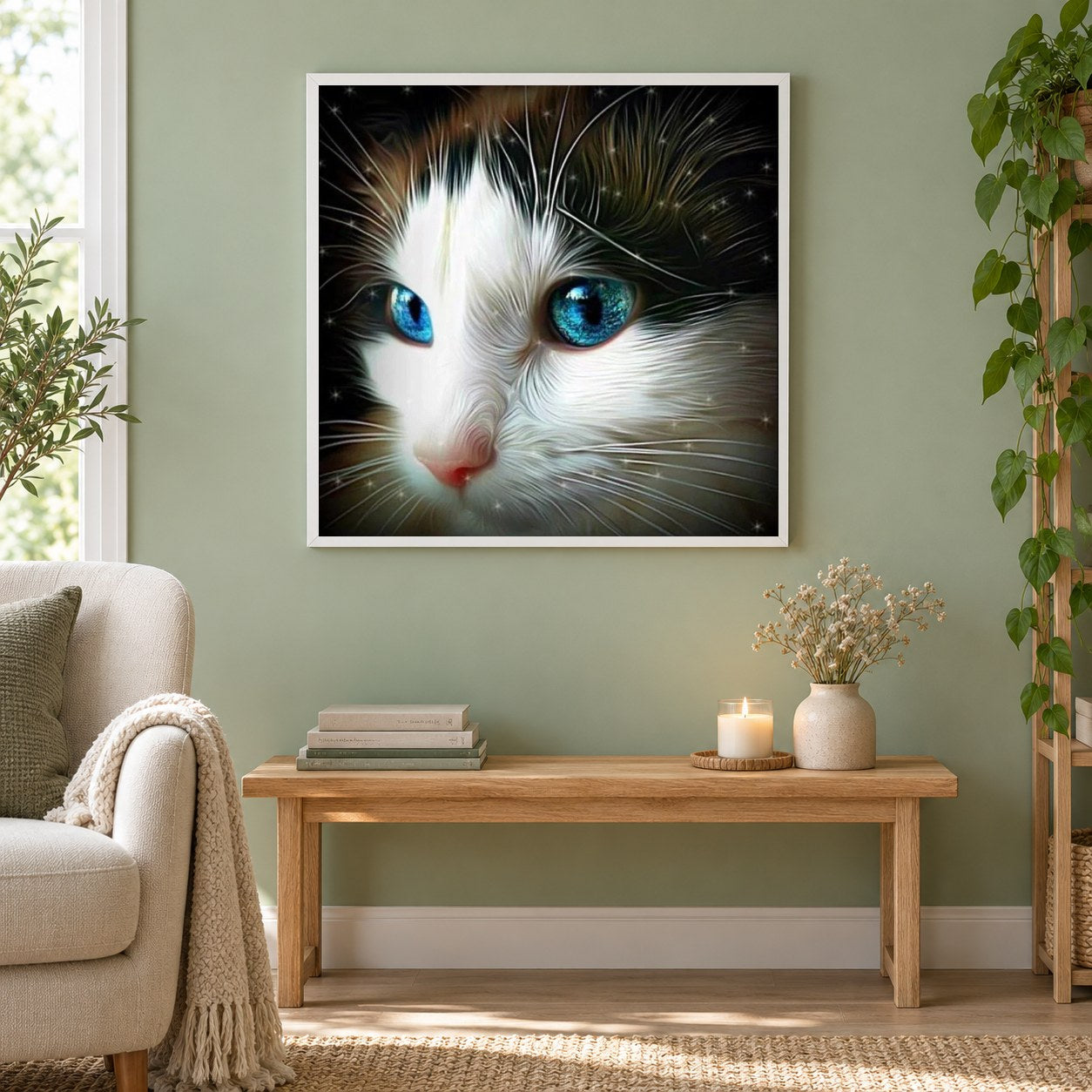 Faszinierende Katze mit blauen Augen als gerahmtes Diamond Painting im Wohnzimmer