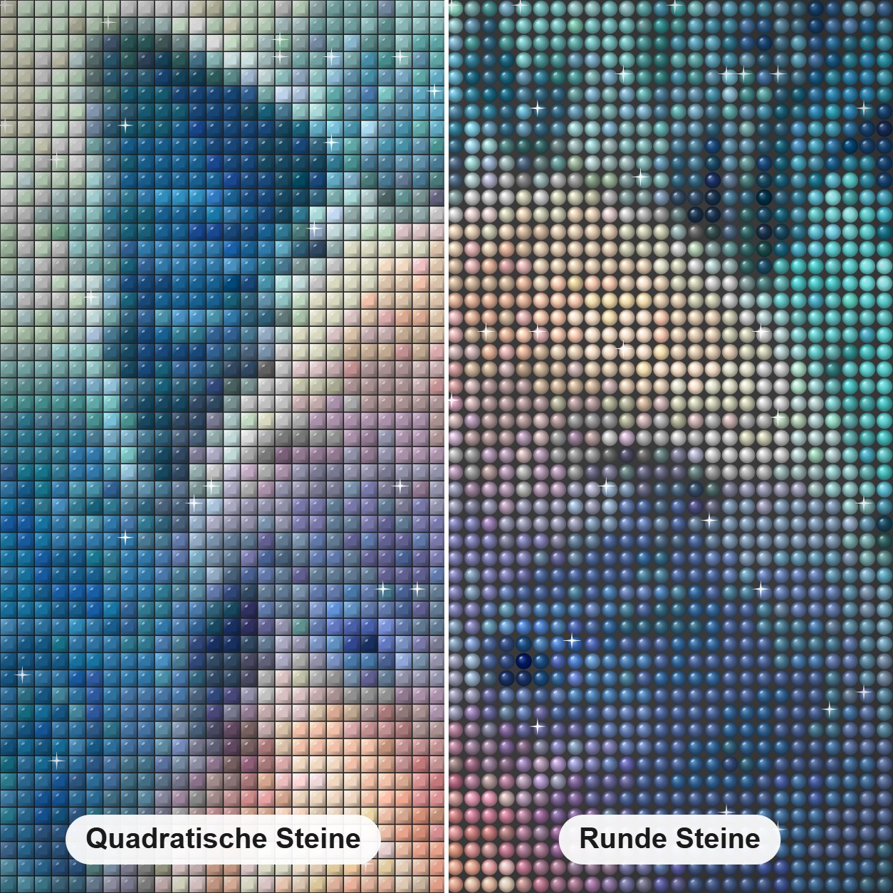 Feenkatzenfarbe von Diamanten Diamond Painting Nahaufnahme mit quadratischen und runden Steinen