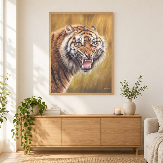 Feuer - Kunst des Eric Wilson als gerahmtes Diamond Painting im Wohnzimmer