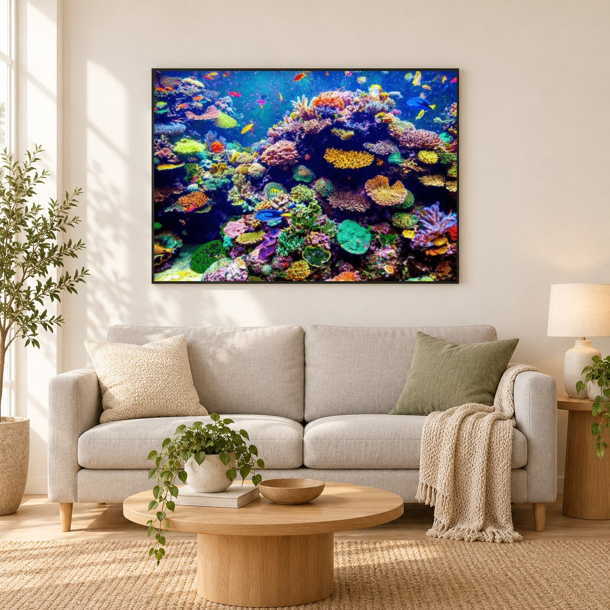 Fisch & Korallenriff als gerahmtes Diamond Painting im Wohnzimmer