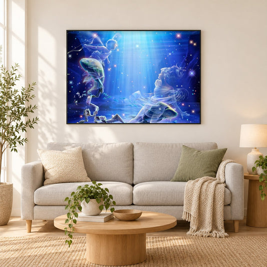Fische Tierkreis als gerahmtes Diamond Painting im Wohnzimmer