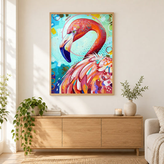 Flamingo an einem sonnigen Tag - Kunst des Sandra Trubin als gerahmtes Diamond Painting im Wohnzimmer